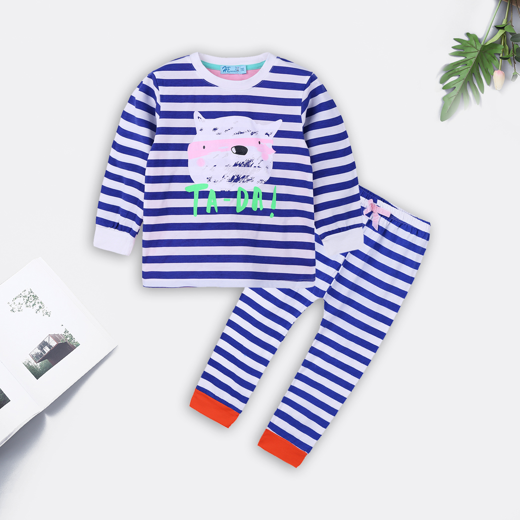 

Casual Striped Cat Applique Tee and Pants Pajamas Set