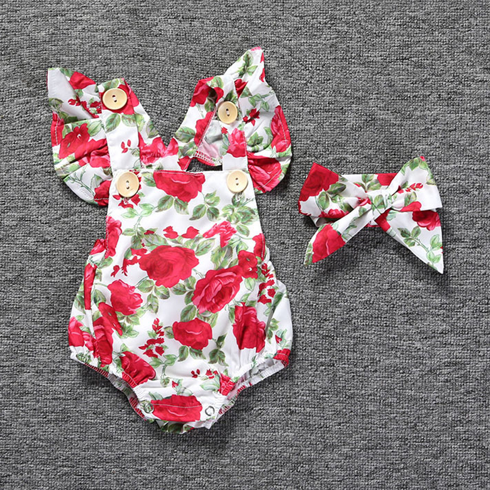 

2-piece Floral Flutter-sleeve Bodysuit and Headband for Baby / Toddler Girl
