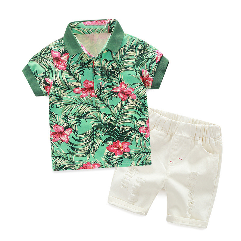 

Leaf and Flower Allover Print Polo Shirt and Shorts Set