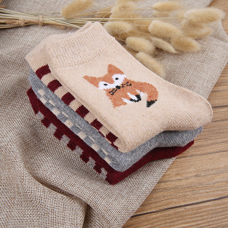 

Women Cartoon Animal Fox Striped Jacquard Crew Socks Winter Thick Warm Socks