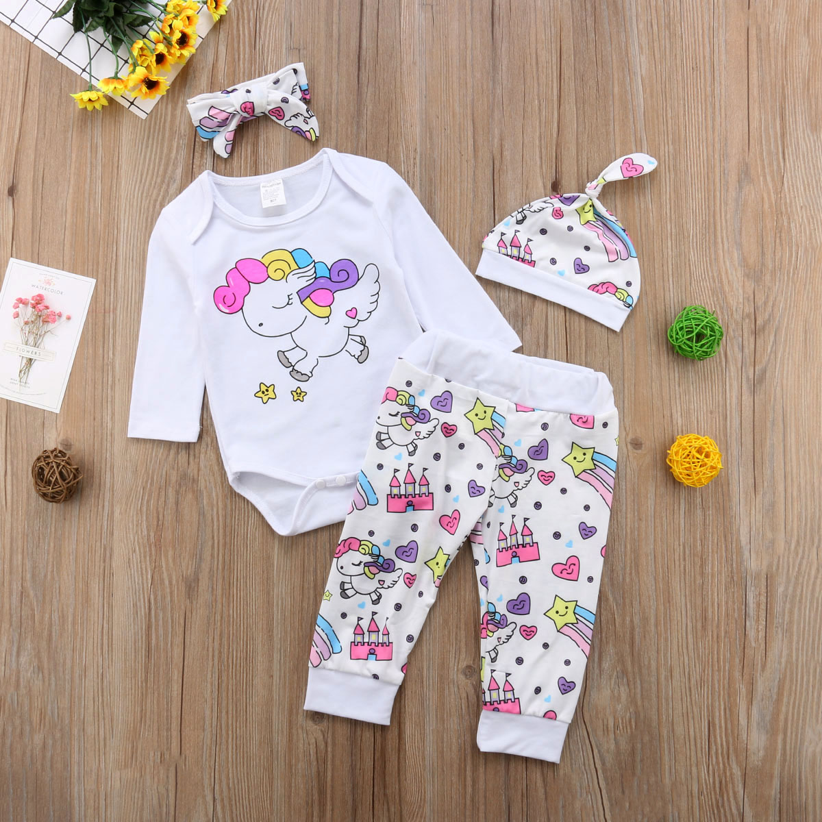 

4-piece Baby Girl Lovely Unicorn Print Bodysuit, Pants and Hat with Headband Set