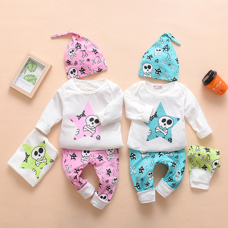 

3-piece Baby Skull Print Long-sleeve Tee and Pants with Hat Set