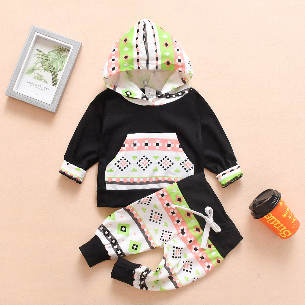 

Baby Trendy Geometric Print Long-sleeve Hoodie and Pants Set