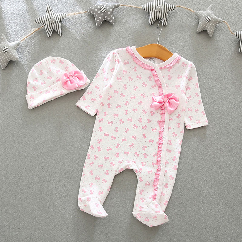 

2-piece Sweet Bowknot Print Long-sleeve Footed Jumpsuit and Hat Set for Baby Girl