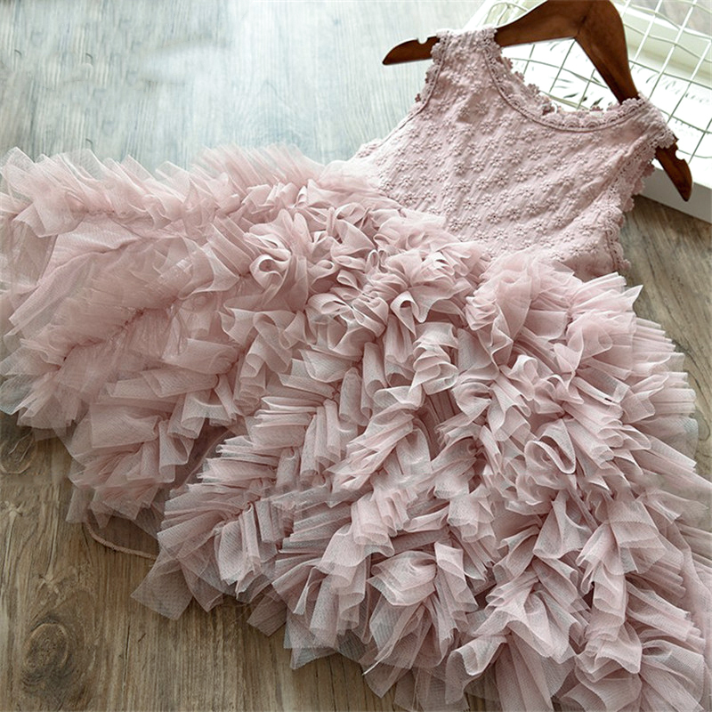 

Toddler Girl Solid Fluffy Lace Sleeveless Dress