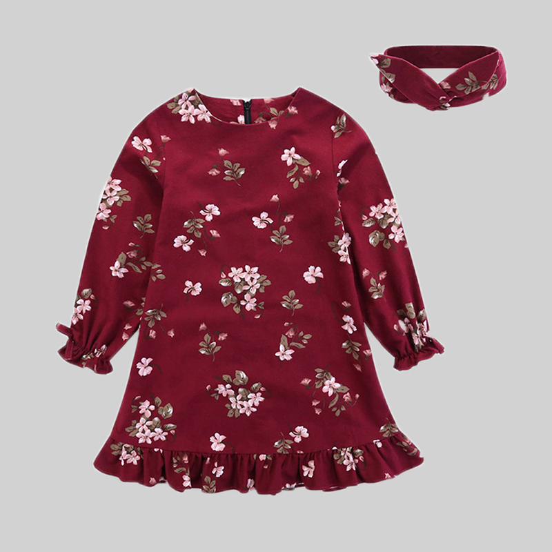 

Girls Flower Allover Flounced Long-sleeve Dress ( Send Headband )