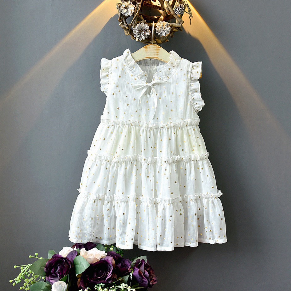 

Toddler Girl Star Print Ruffled Bow Sleeveless Costume Party Dress