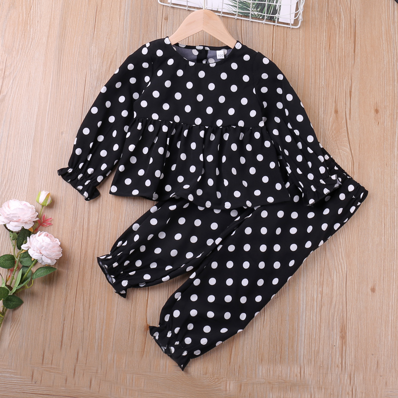 

2-piece Toddler Girl Polka dots Ruffled Long-sleeve Blouse and Elasticized Pants Casual Set
