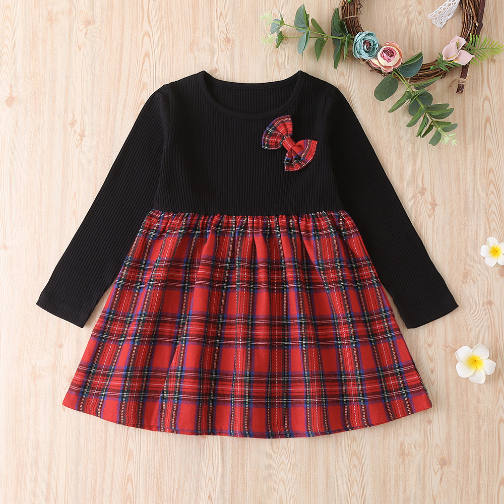 

Toddler Girl Bowknot Design Plaid Stitching Long-sleeve Dress