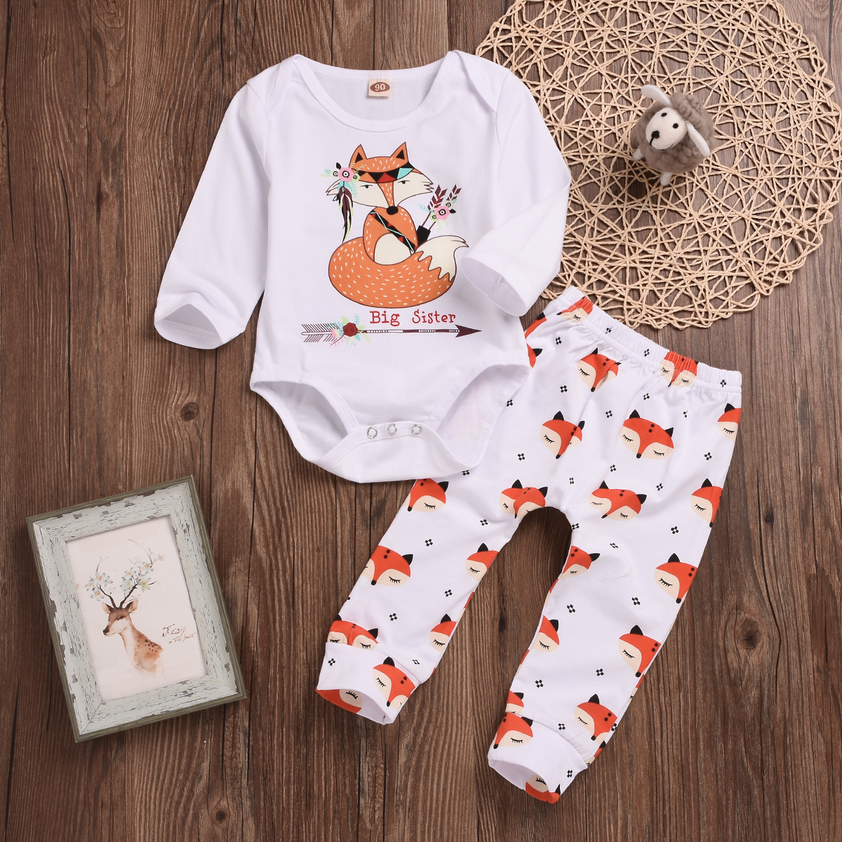 

Baby / Toddler Lovely Fox Print Long-sleeve Bodysuit and Pants Set