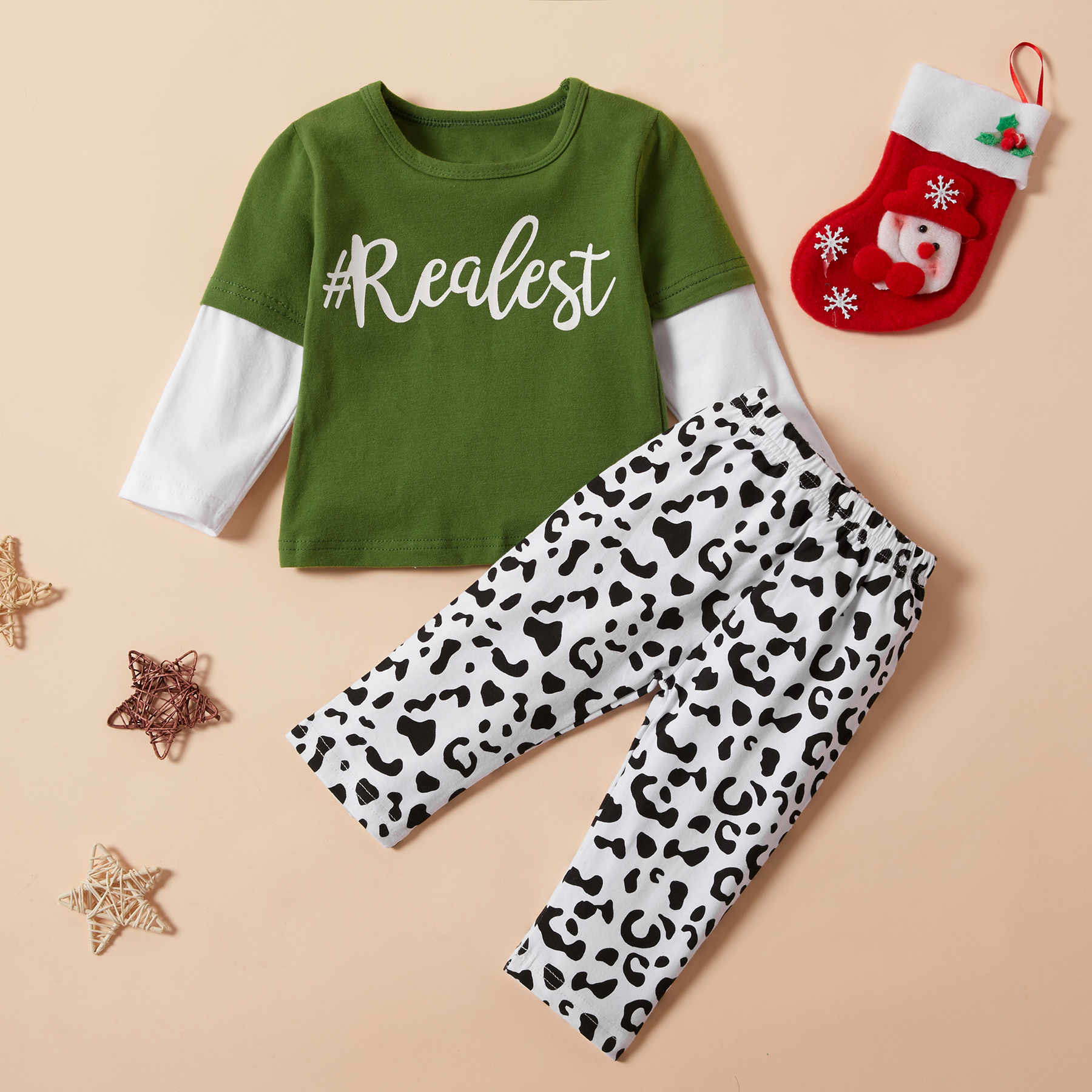 

Baby Girl REALEST Print Colorblock Tee and Leopard Print Pants Set