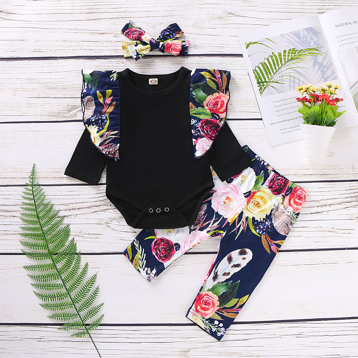 

3-piece Baby Girl Floral Flutter-sleeve Bodysuit and Pants with Headband Set