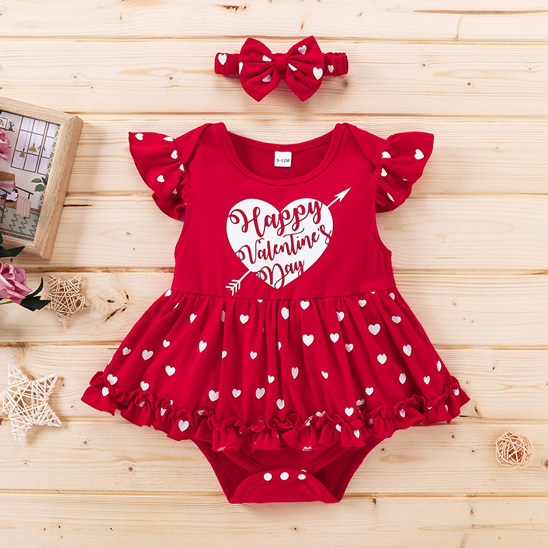 

2-piece Baby Happy Valentine's Day Dress Romper with Headband Set