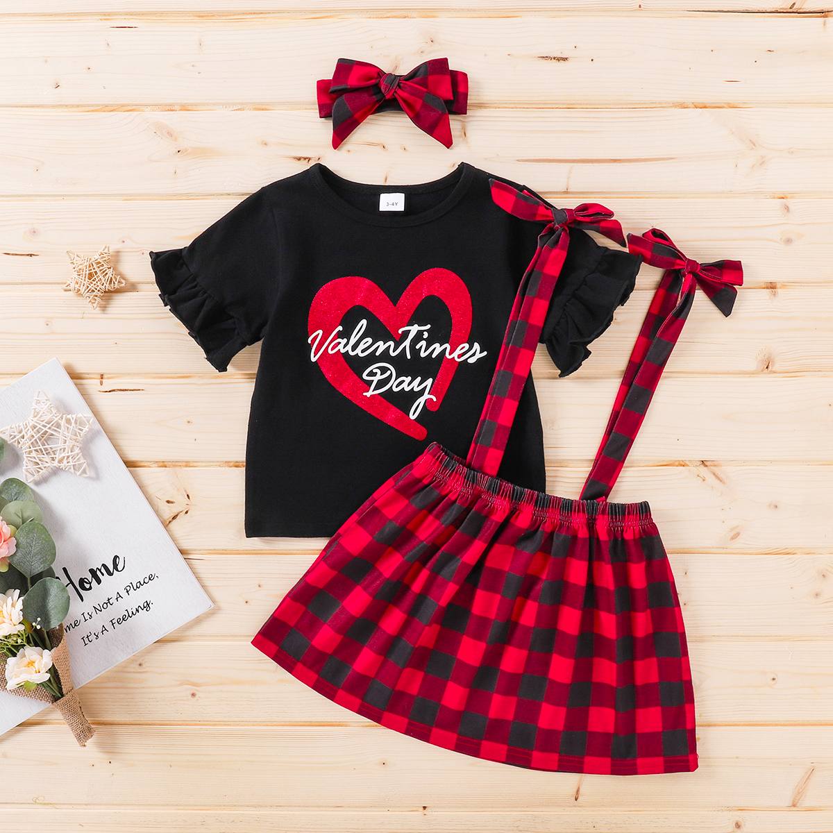 

3pcs Toddler girl Cotton Short-sleeve heart Plaid Suit-dress