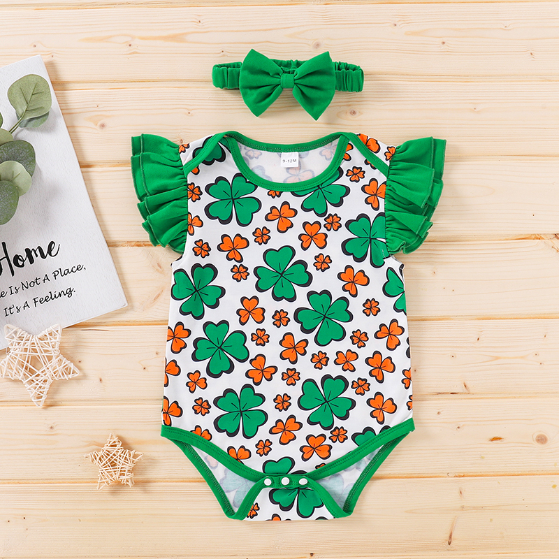 

2-piece Baby St. Patrick's Day Clover Print Flutter-sleeve Romper and Headband Set