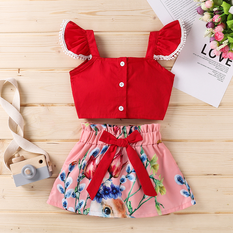 

2pcs Baby Girl Animal Rabbit Flutter-sleeve Solid Cotton Top Sweet Suit-dress