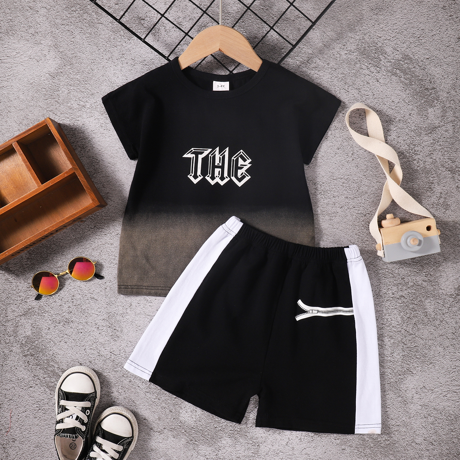 

2-piece Toddler Boy Letter Black Tee and Shorts Set