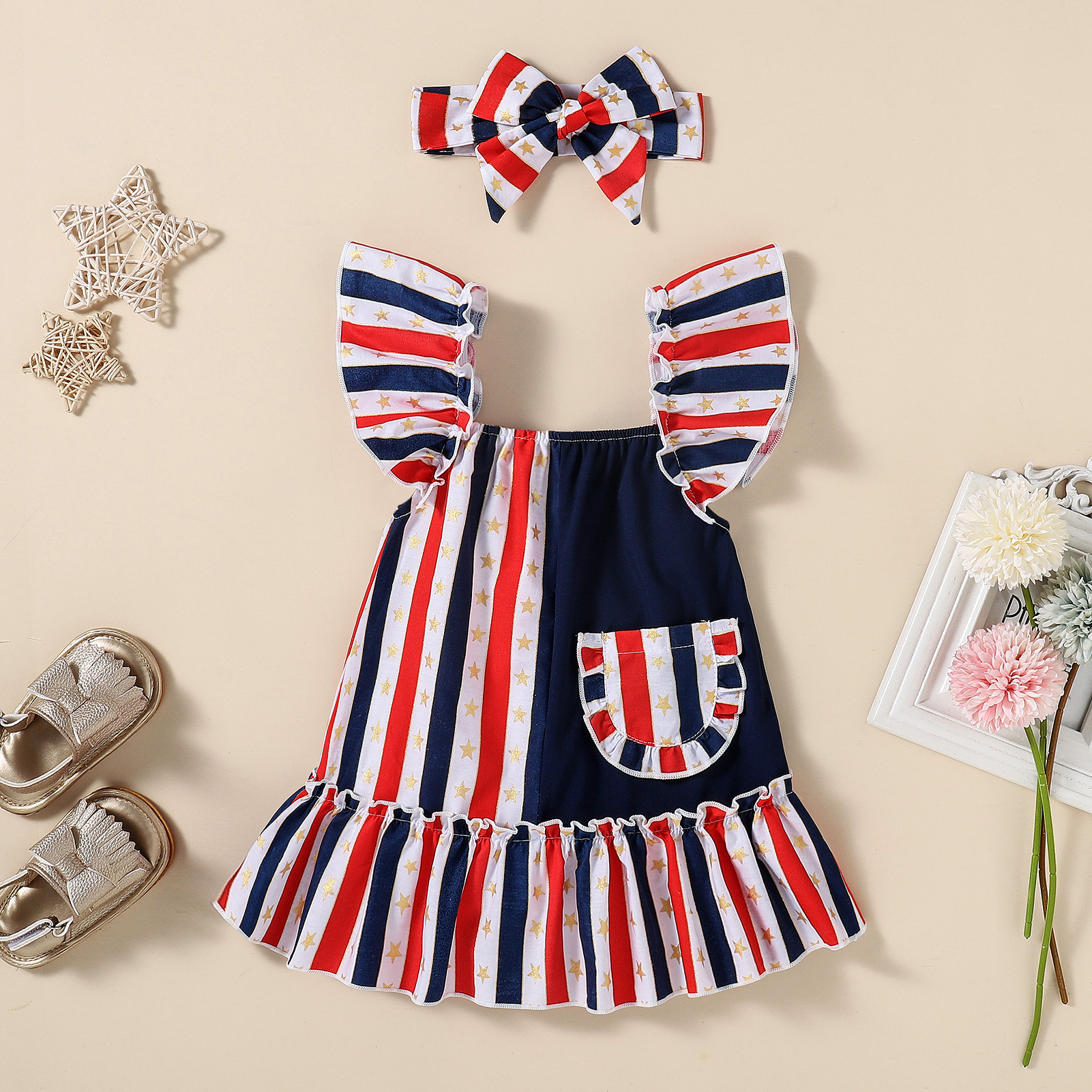 

100% Cotton 2pcs Stripe and Star Flutter-sleeve Baby Dress Set