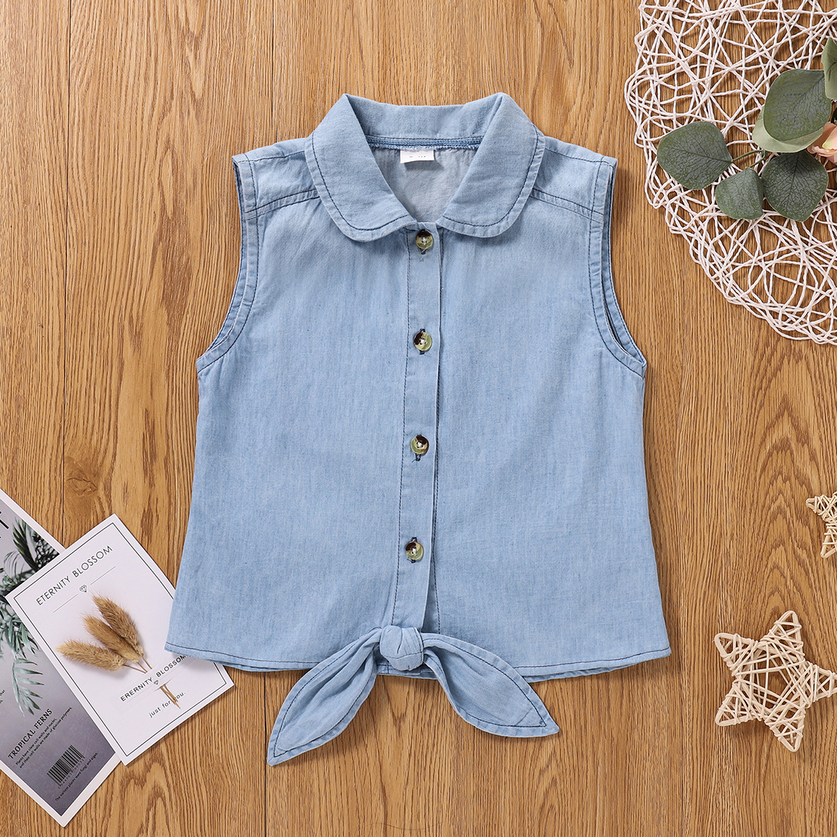 

Toddler Girl Tie Knot Lapel Collar Sleeveless Denim Top