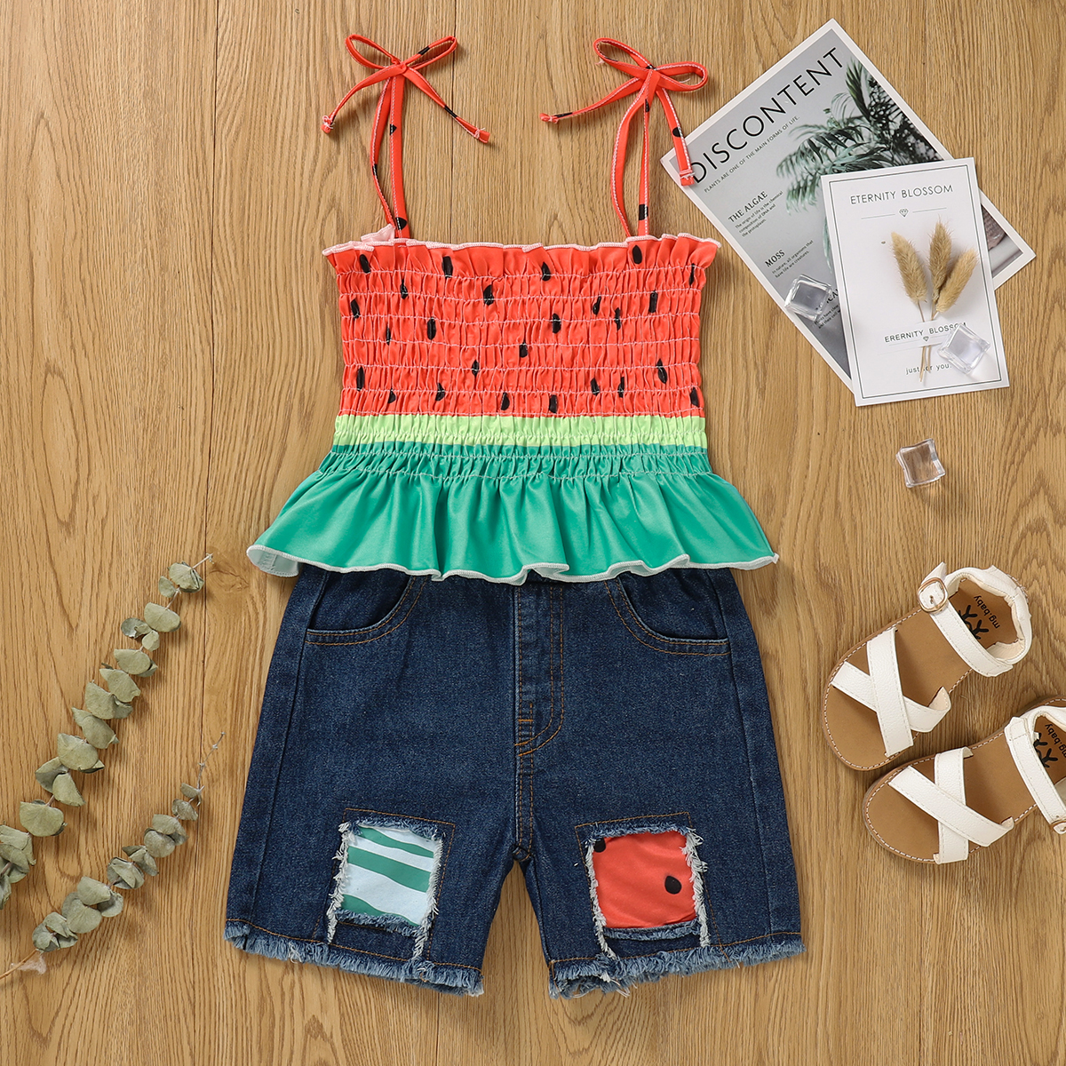 

2-piece Toddler Girl Leopard Fruit Print Tank Bow Ruffled Top and Denim Shorts Set