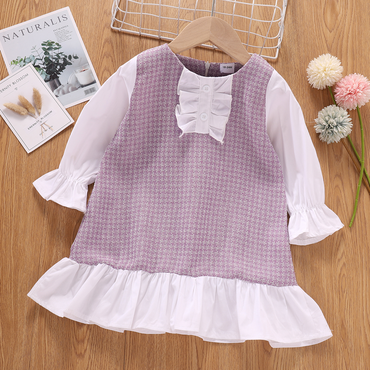 

Toddler Girl Plaid Ruffled Long-sleeve Zipper Colorblock Dress