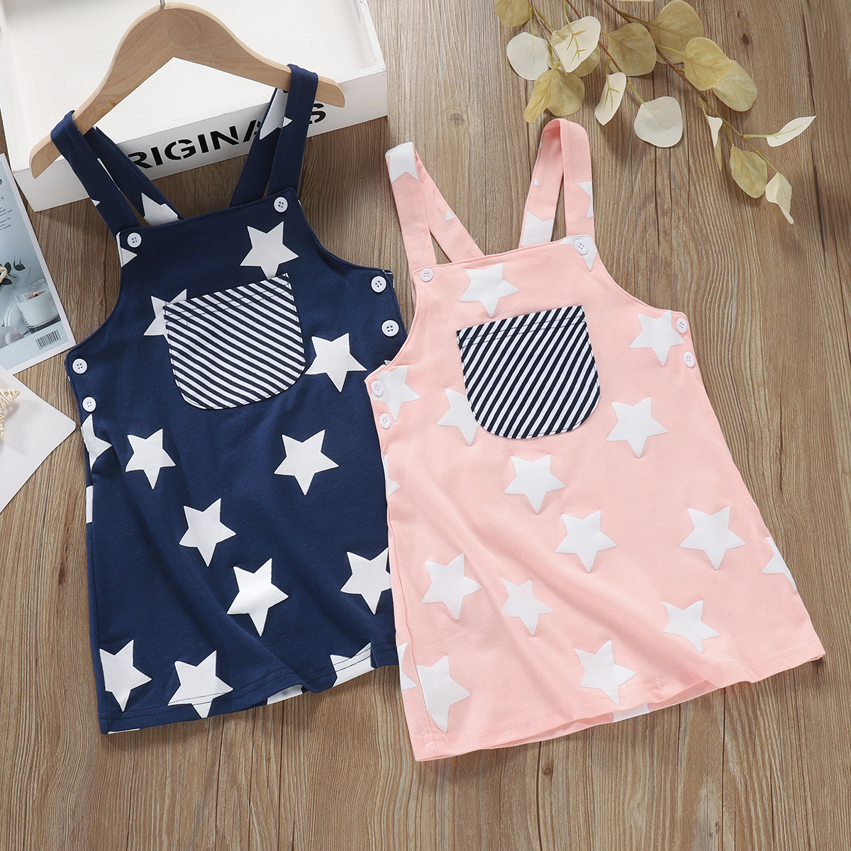

Toddler Girl Star Print Striped Pocket Button Design Overalls