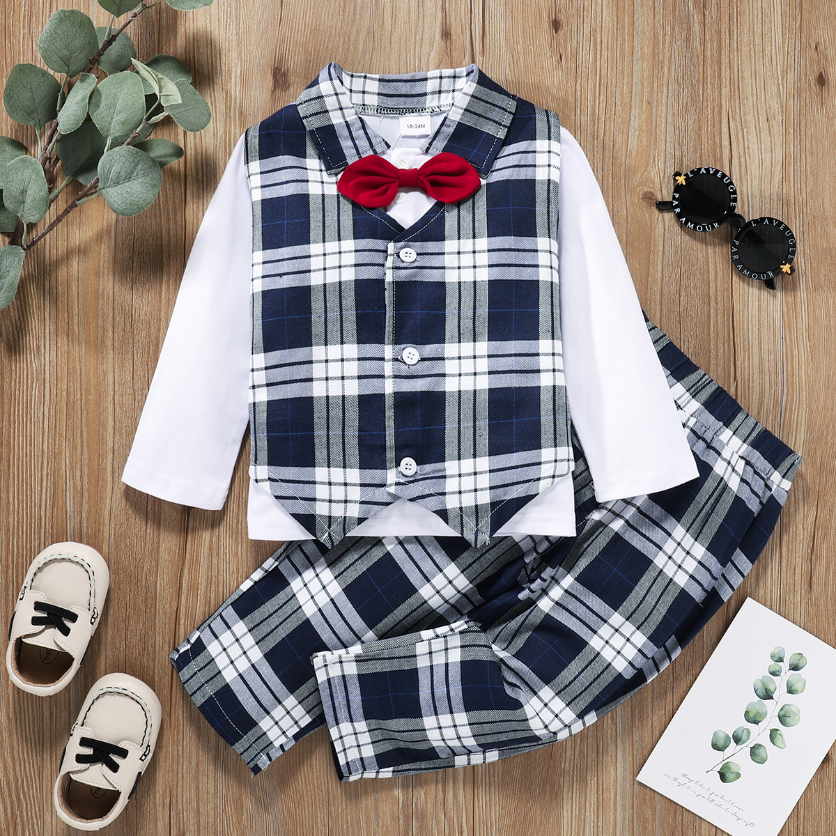 

3-piece Toddler Boy Gentleman Set, Lapel Collar White Long-sleeve Top, Button Design Plaid Vest and Pants Set