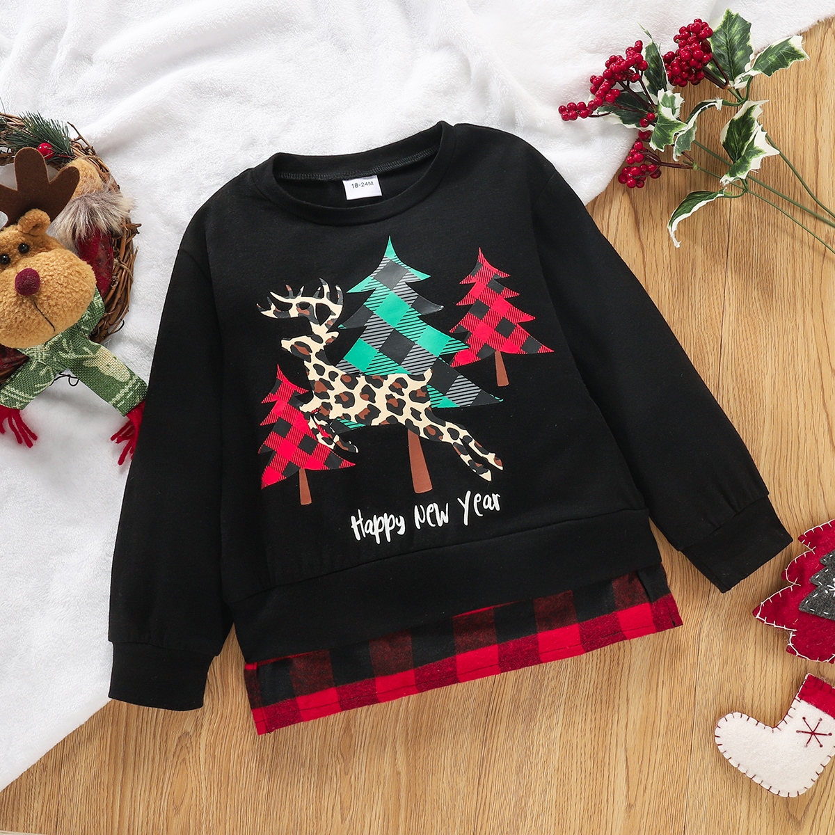 

Toddler Girl Christmas Tree Deer Plaid Pullover Sweatshirt