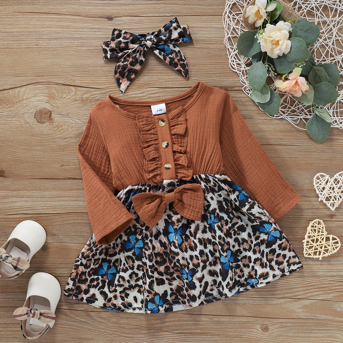 

Baby 2pcs Brown Ruffle Splicing Leopard Print Long-sleeve Dress Set