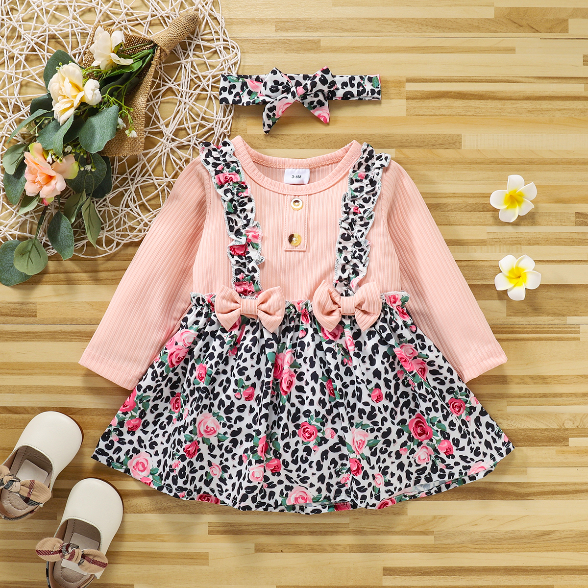 

Baby 2pcs Pink Ribbed Splicing Leopard and Floral Print Long-sleeve Faux-two Dress Set