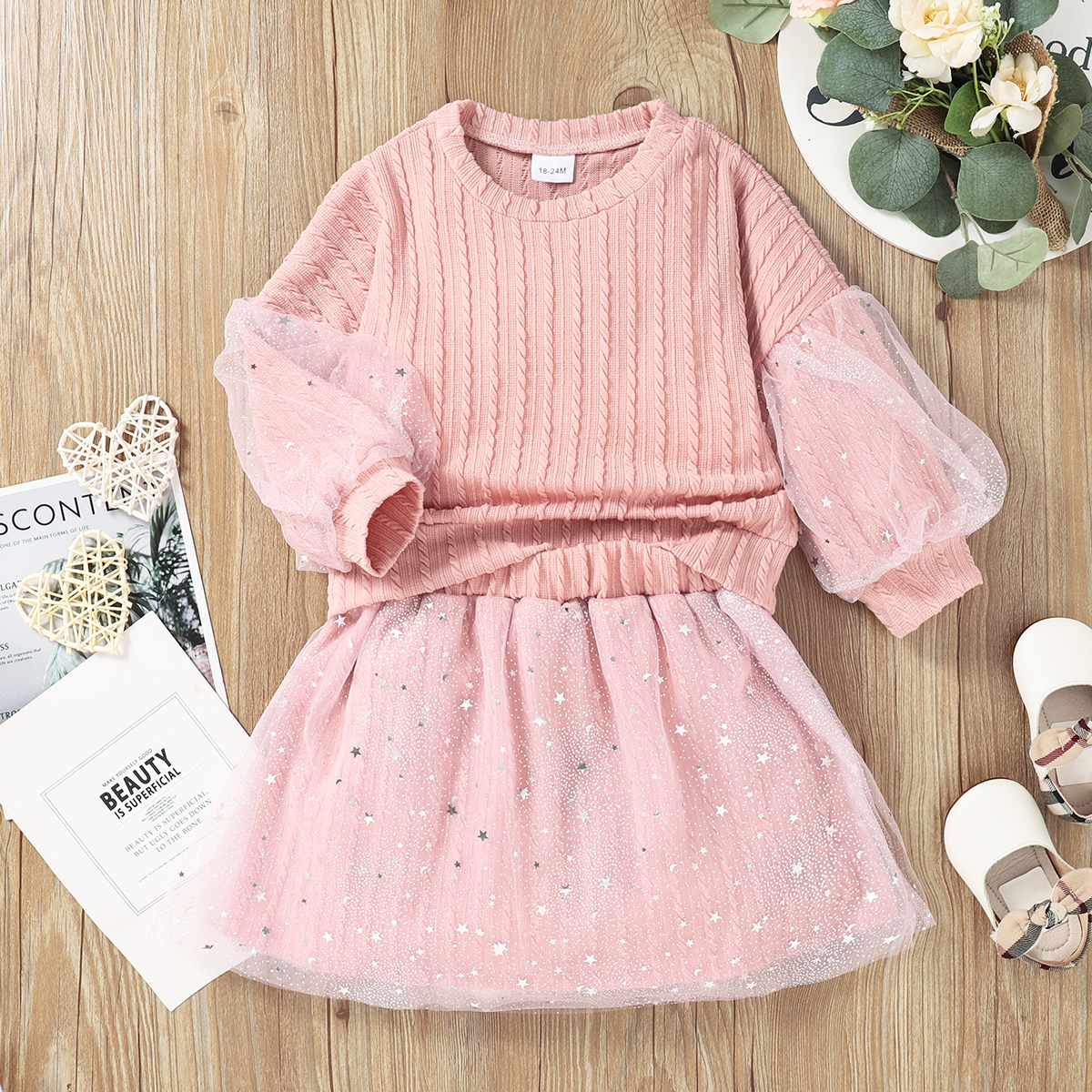 

2-piece Toddler Girl Glitter Mesh Design Cable Knit Sweater and Pink Skirt Set