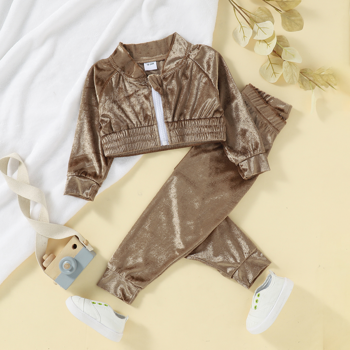 

2-piece Toddler Girl Zipper Solid Velvet Crop Jacket and Elasticized Pants Set