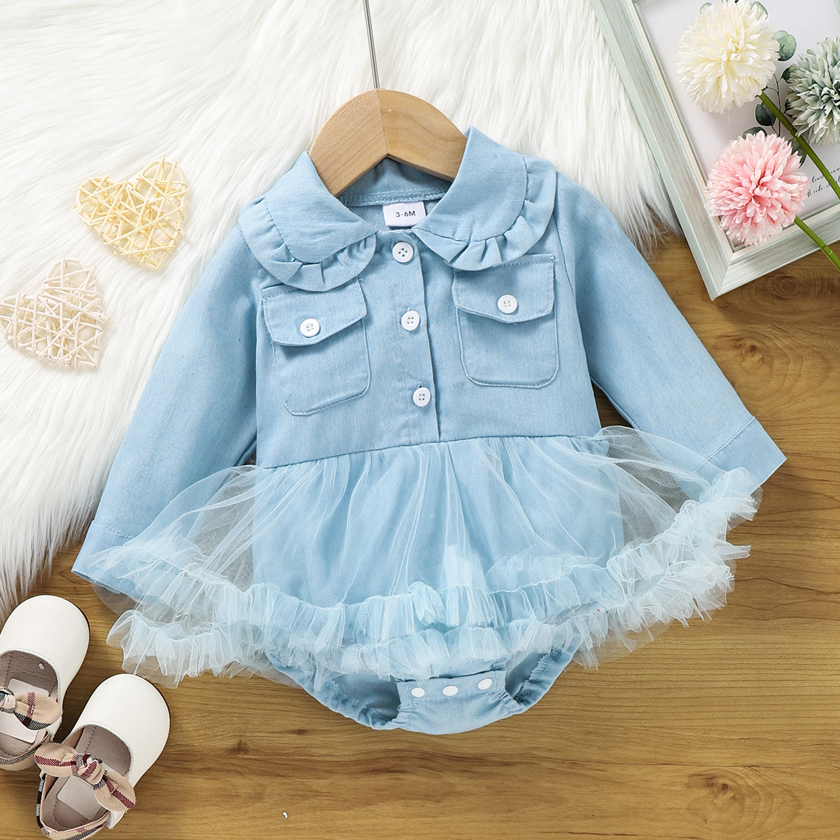 

100% Cotton Blue Doll Collar Button Down Long-sleeve Baby Mesh Romper Dress