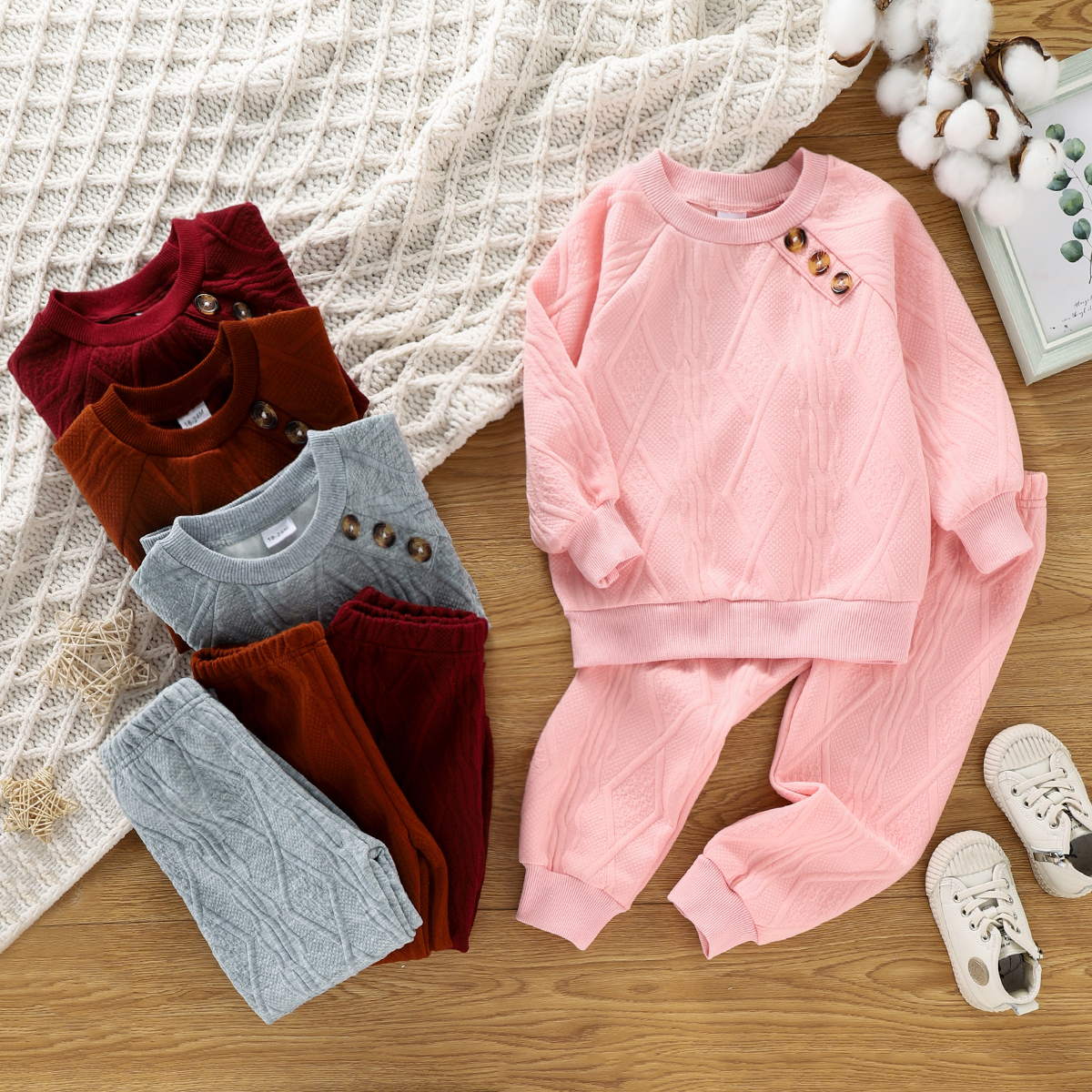 

2-piece Toddler Girl Button Design Cable Knit Textured Sweatshirt and Pants Set