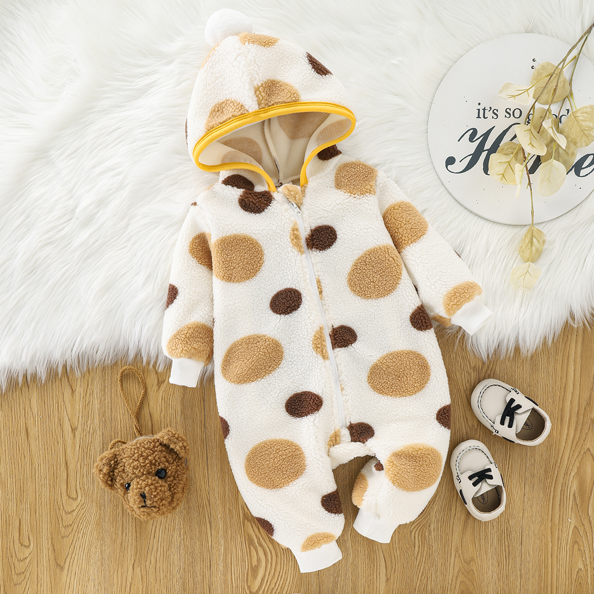 

Baby Boy/Girl Dots Polar Fleece Long-sleeve Hooded Zip Jumpsuit