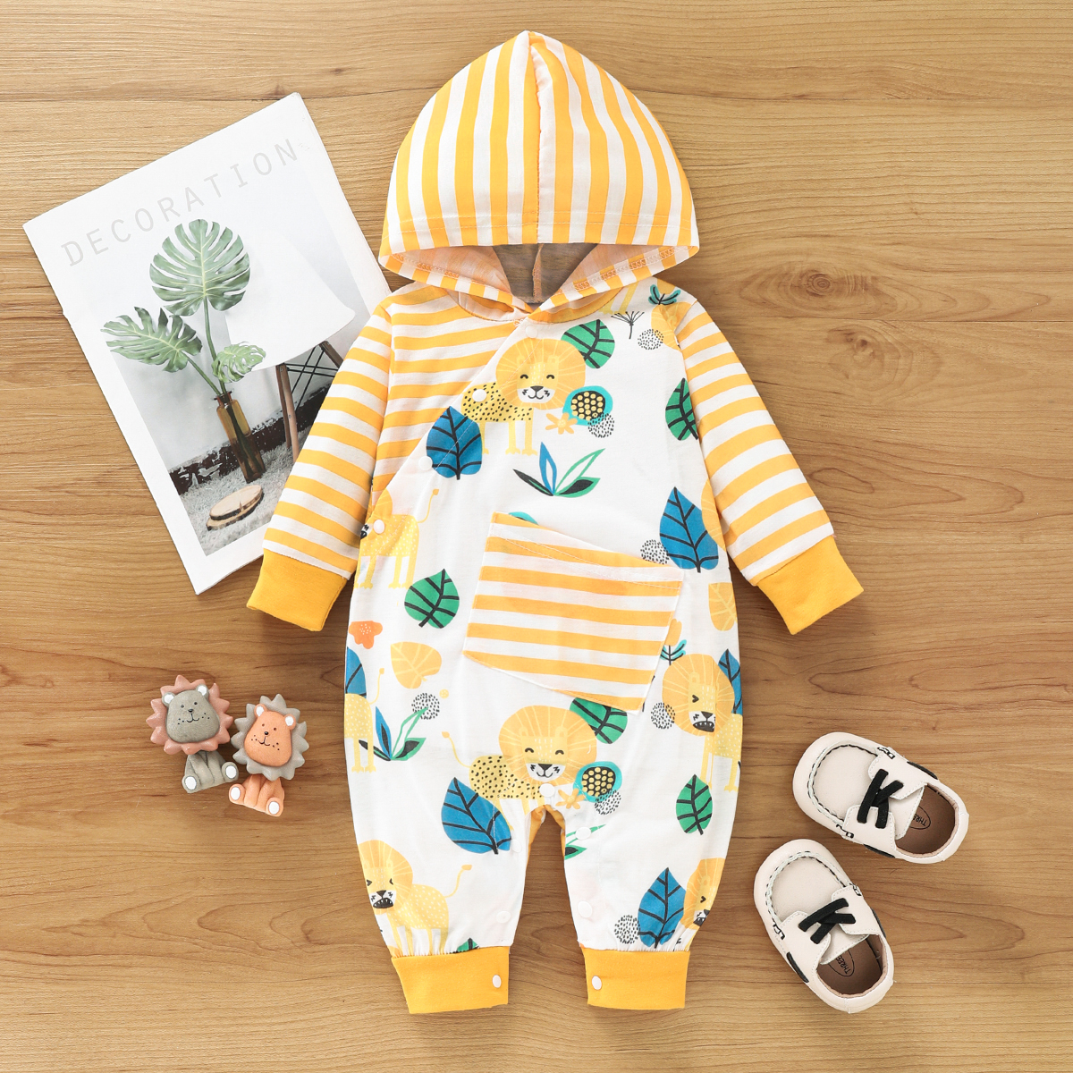 

Baby Boy/Girl Cartoon Lion Print Yellow Long-sleeve Hooded Jumpsuit
