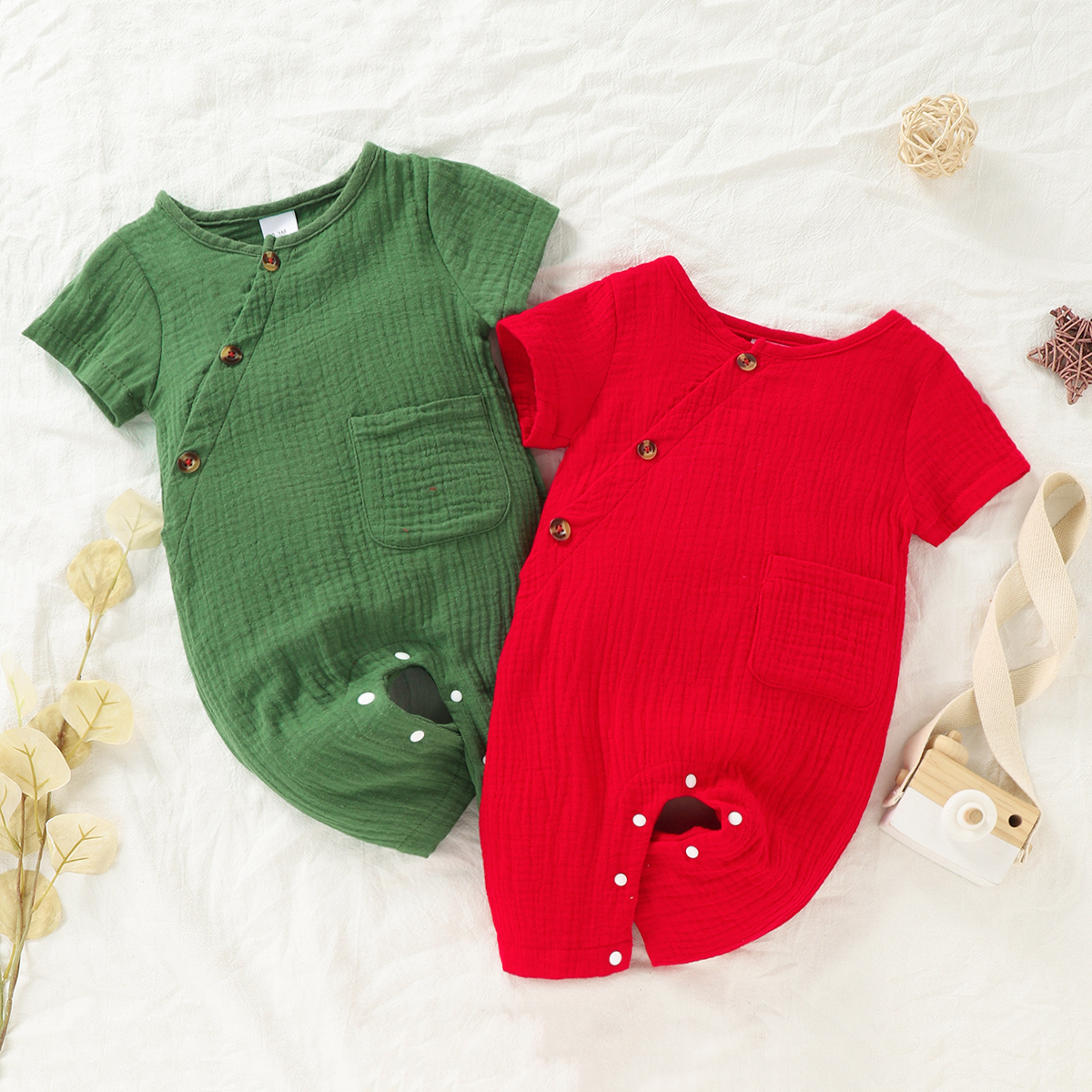 

100% Cotton Crepe Baby Girl Solid Short-sleeve Jumpsuit with Pocket
