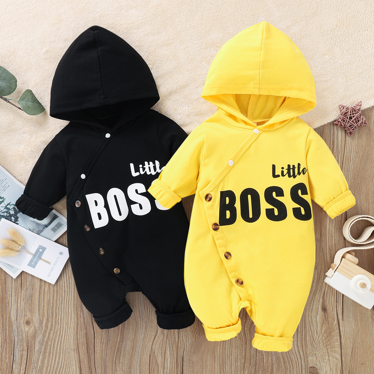 

Baby Boy Letter Print Snap Button Long-sleeve Hooded Jumpsuit