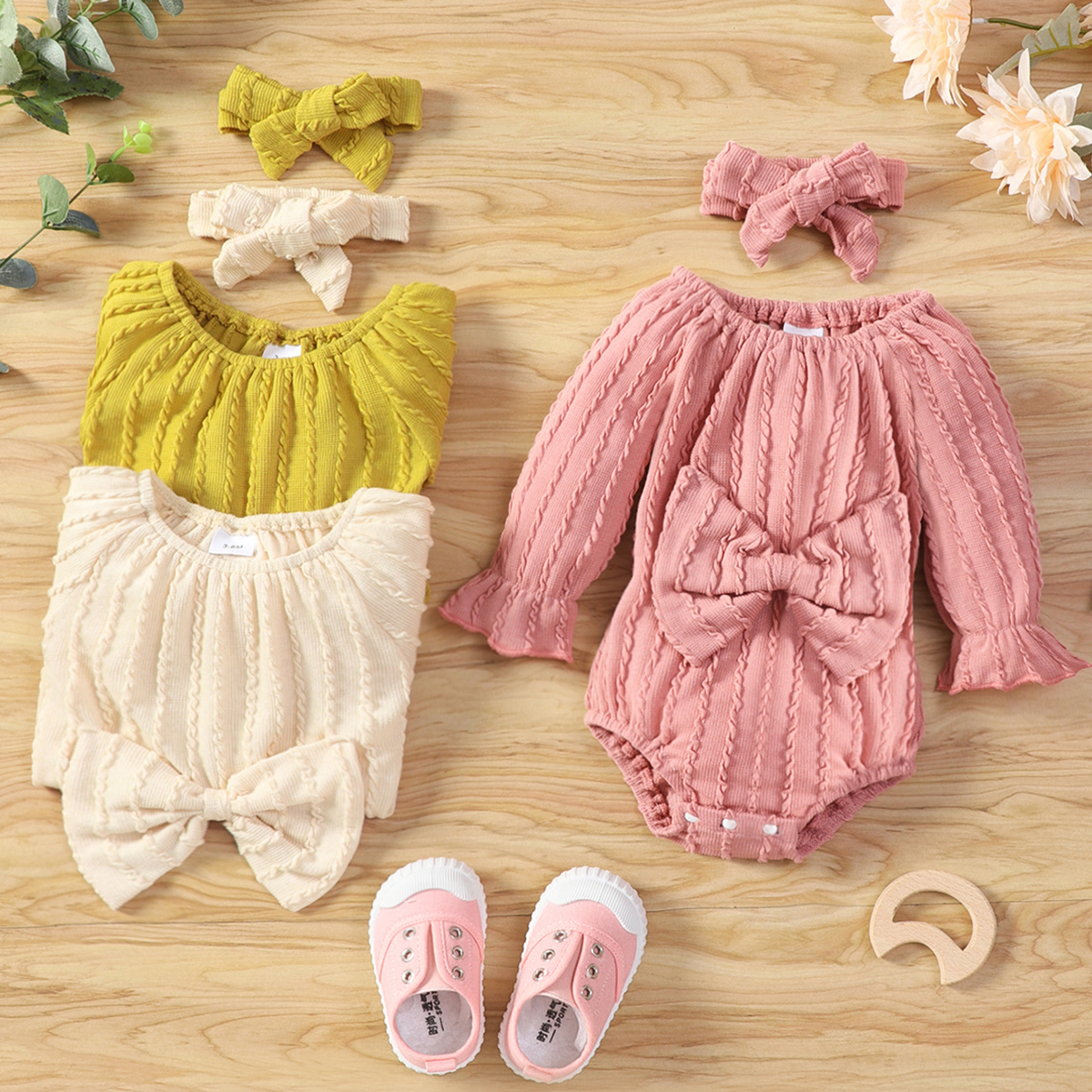 

2pcs Baby Girl Solid Long-sleeve Bowknot Cable Knit Romper with Headband Set