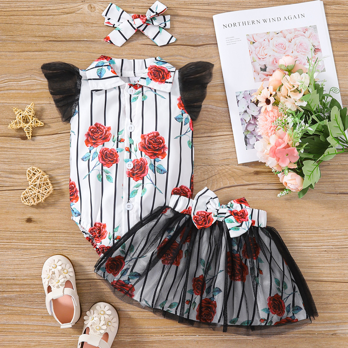 

3pcs Baby Girl All Over Rose Striped Flutter-sleeve Romper and Mesh Skirt with Headband Set