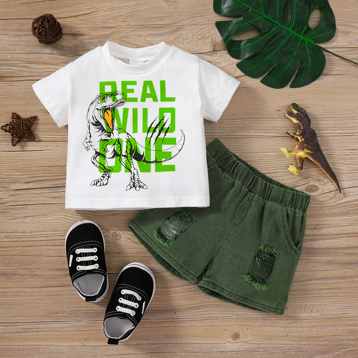 

2pcs Baby Boy 100% Cotton Ripped Denim Shorts and Dinosaur & Letter Print Short-sleeve T-shirt Set