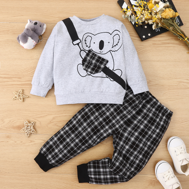 

2pcs Toddler Boy Koala Print Pocket Design Sweatshirt and Plaid Pants Set