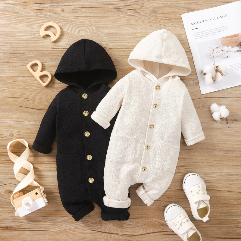 

Baby Boy/Girl Button Front Solid Textured Hooded Long-sleeve Jumpsuit