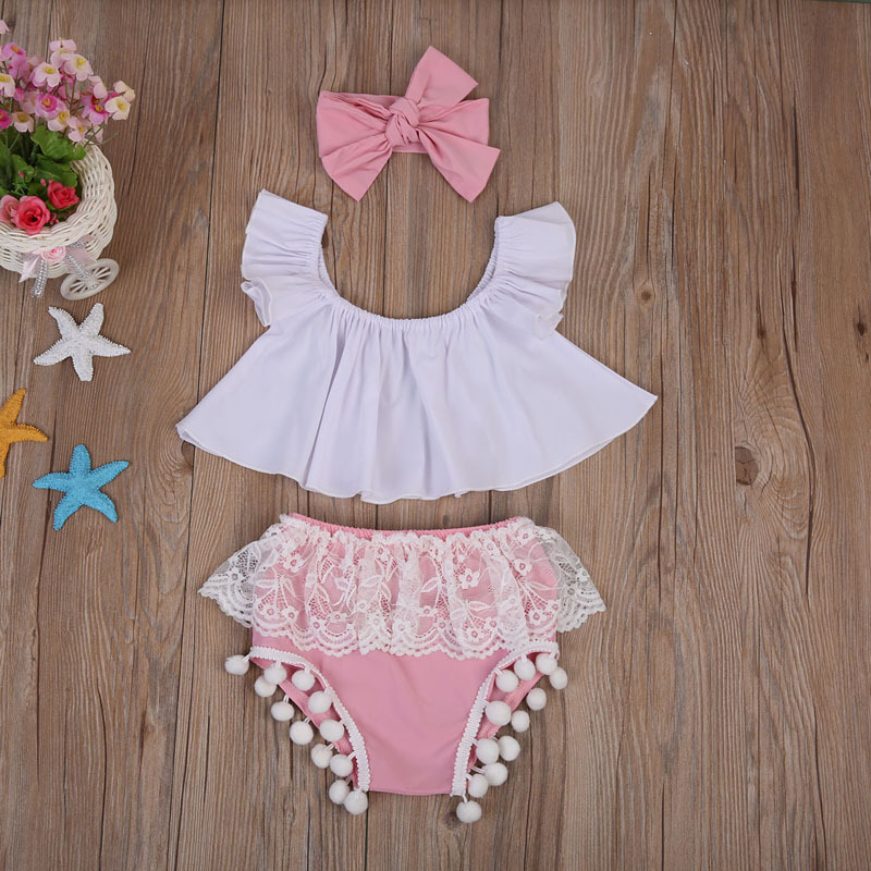 

Baby / Toddler Off-shoulder Crop Top, Lace Pompom Shorts and Headband Set