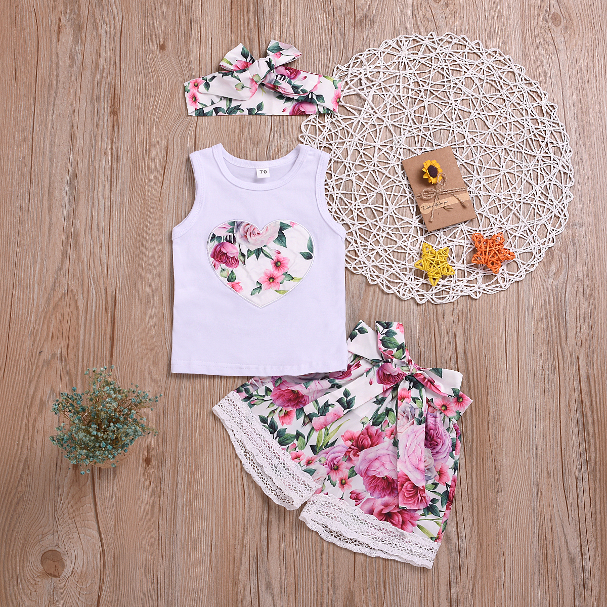 

3-Piece Baby / Toddler Pretty Heart Embroidery Tank Top and Floral Lace Shorts with Headband