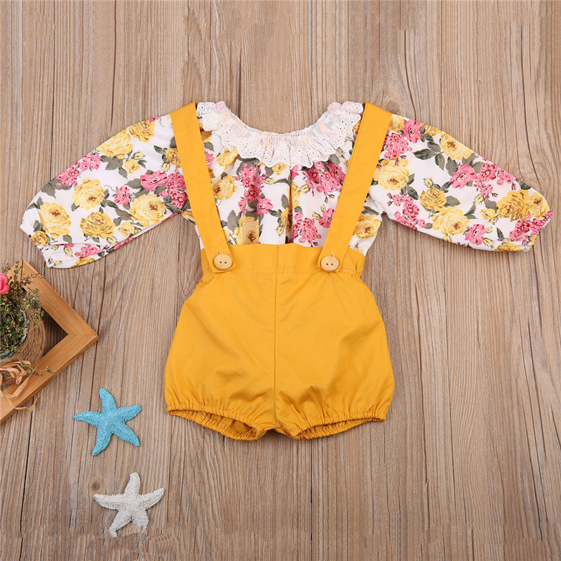 

Baby / Toddler Floral Allover Print Bodysuit and Solid Suspender Shorts Set