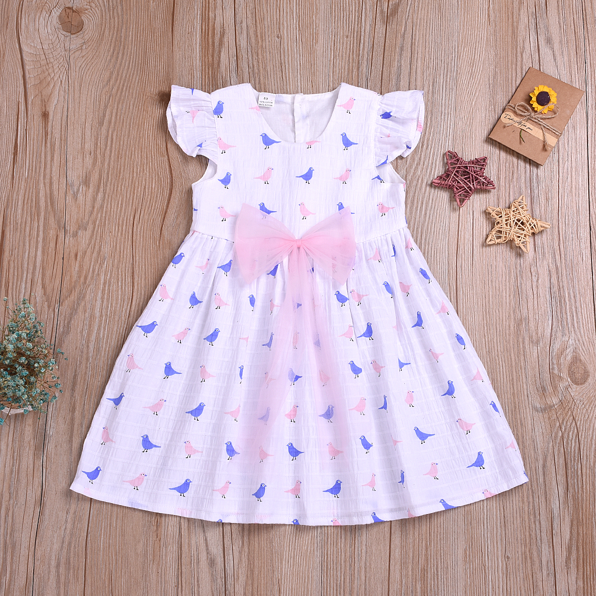 

Ruffled Birds Print Bowknot Decor Dress