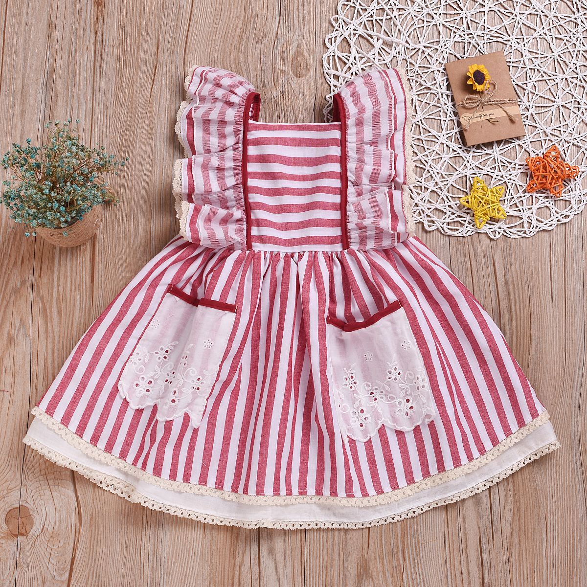 

Striped Lace Decor Flutter-sleeve Backless Dress for Girls