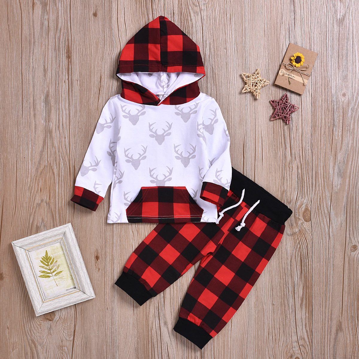 

Baby / Toddler Christmas Reindeer Print Plaid Long-sleeve Hoodie and Pants Set