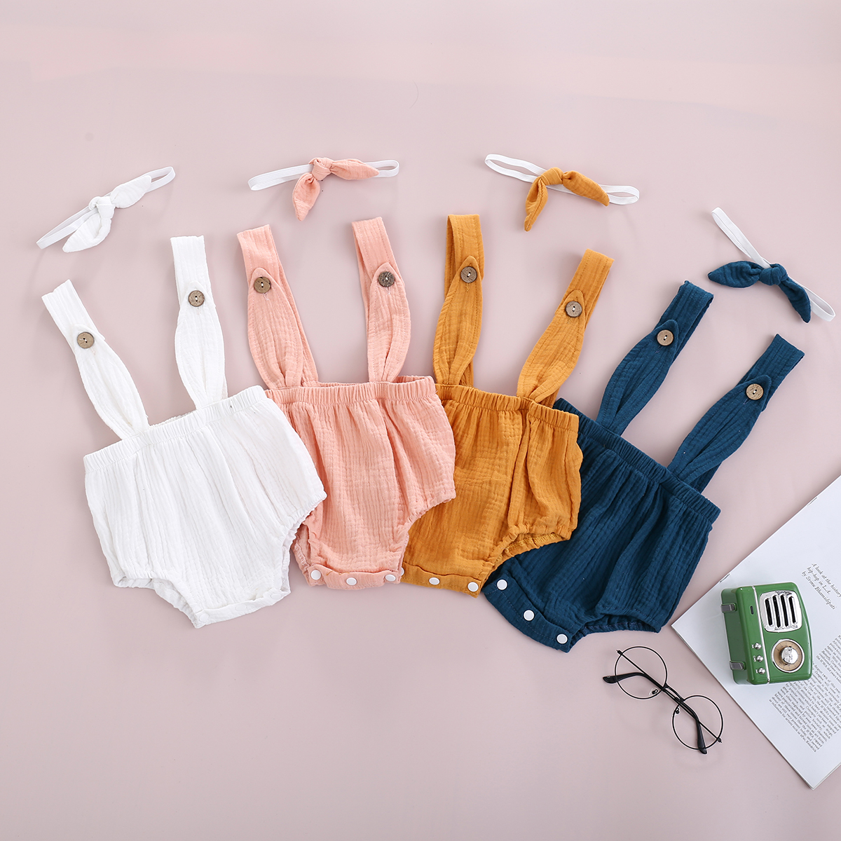 

2-Piece Baby Solid Strappy Romper and Headband Set